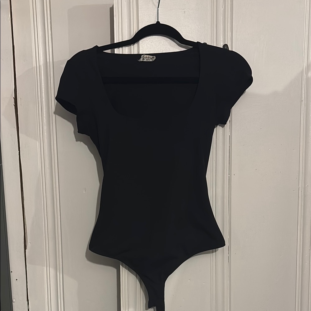 Free People Black Short Sleeve Bodysuit